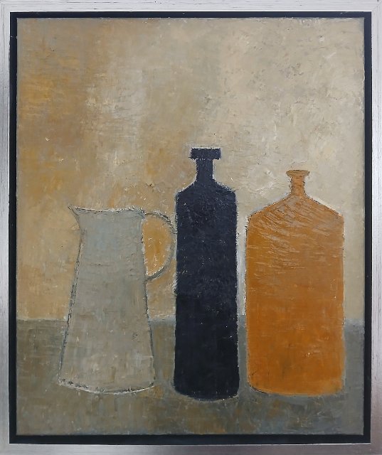 Stilleven met kan en flessen1.jpg - Stilleven met kan en flessen, olieverf op doek, 50x70cm